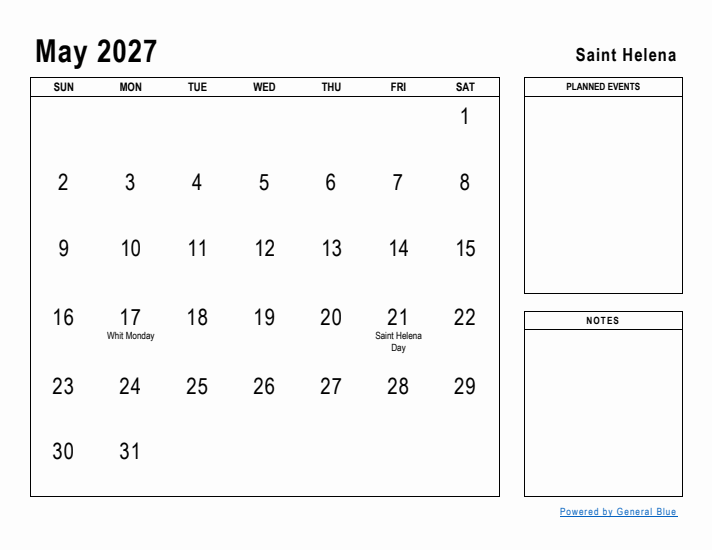 May 2027 Printable Monthly Calendar with Saint Helena Holidays