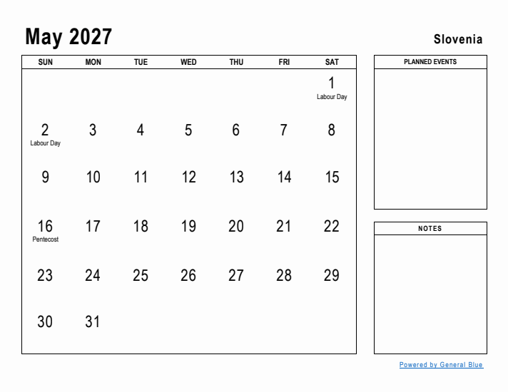 May 2027 Printable Monthly Calendar with Slovenia Holidays