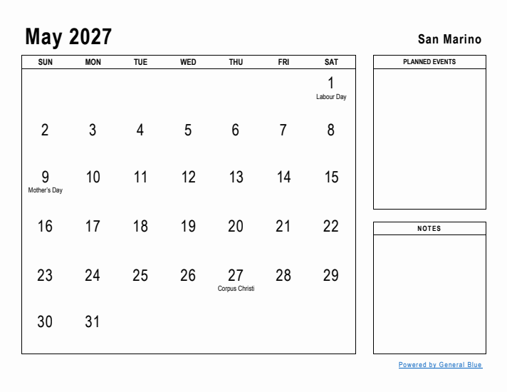 May 2027 Printable Monthly Calendar with San Marino Holidays