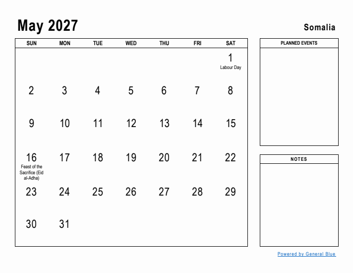 May 2027 Printable Monthly Calendar with Somalia Holidays