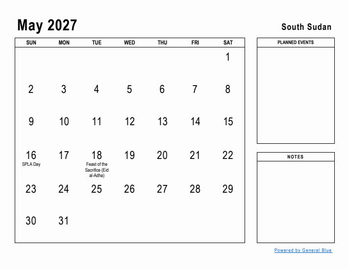 May 2027 Printable Monthly Calendar with South Sudan Holidays