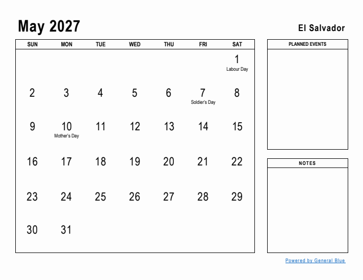 May 2027 Printable Monthly Calendar with El Salvador Holidays