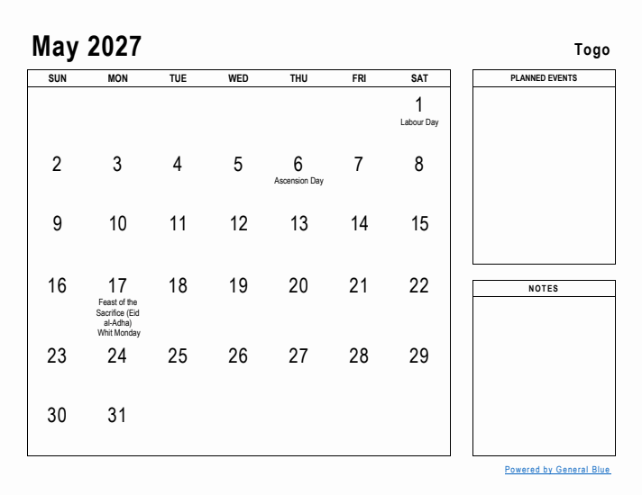 May 2027 Printable Monthly Calendar with Togo Holidays