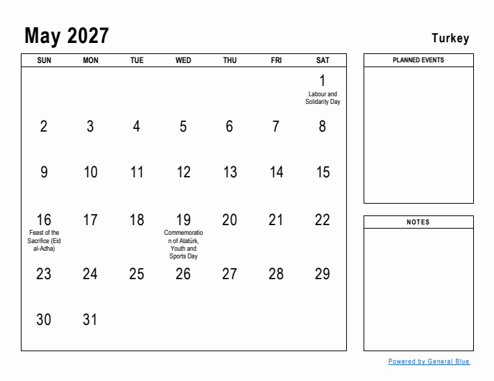 May 2027 Printable Monthly Calendar with Turkey Holidays