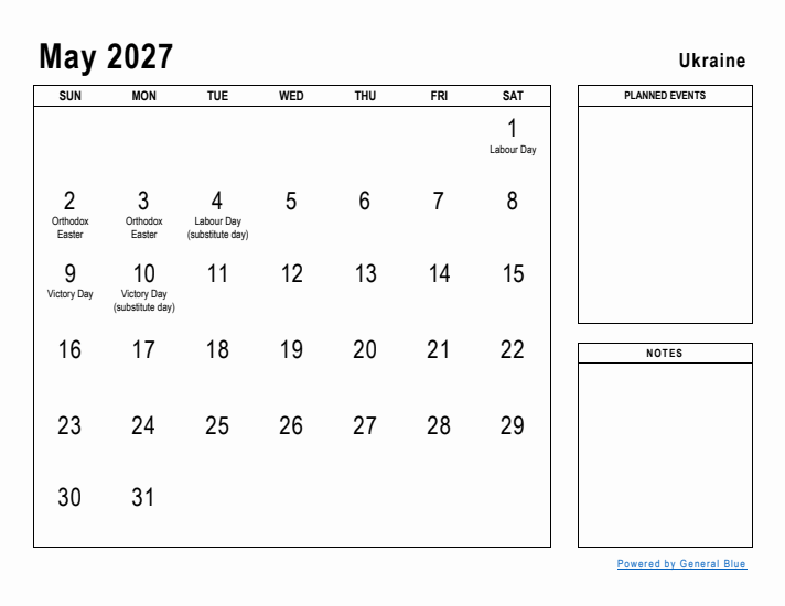 May 2027 Printable Monthly Calendar with Ukraine Holidays