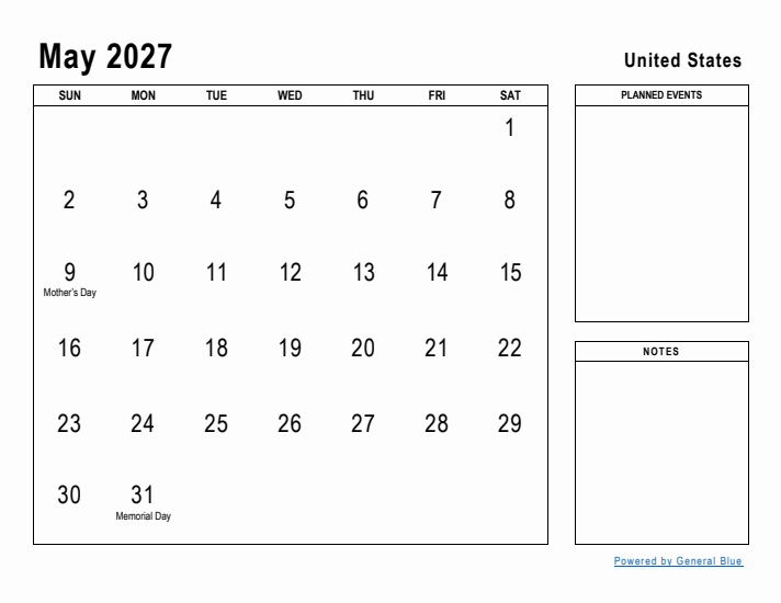 May 2027 Printable Monthly Calendar with United States Holidays