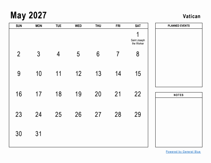 May 2027 Printable Monthly Calendar with Vatican Holidays