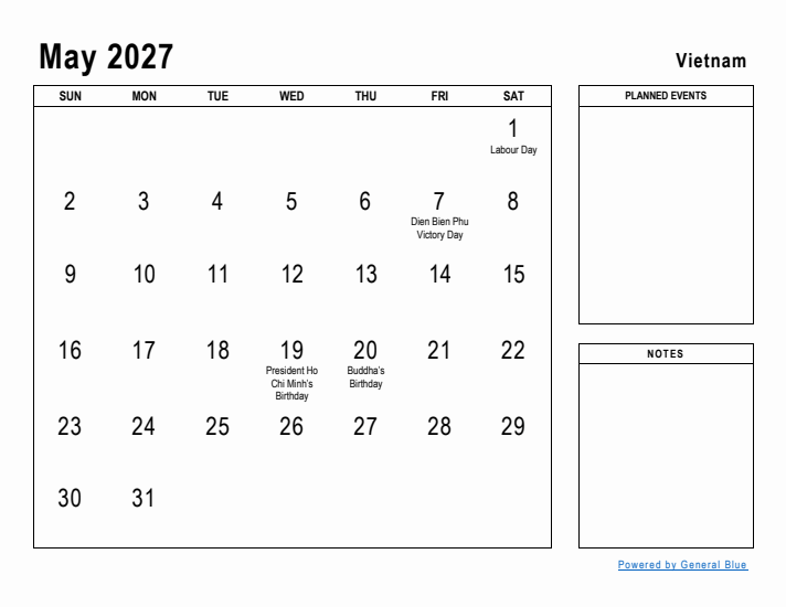 May 2027 Printable Monthly Calendar with Vietnam Holidays