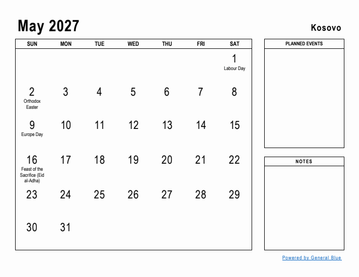 May 2027 Printable Monthly Calendar with Kosovo Holidays