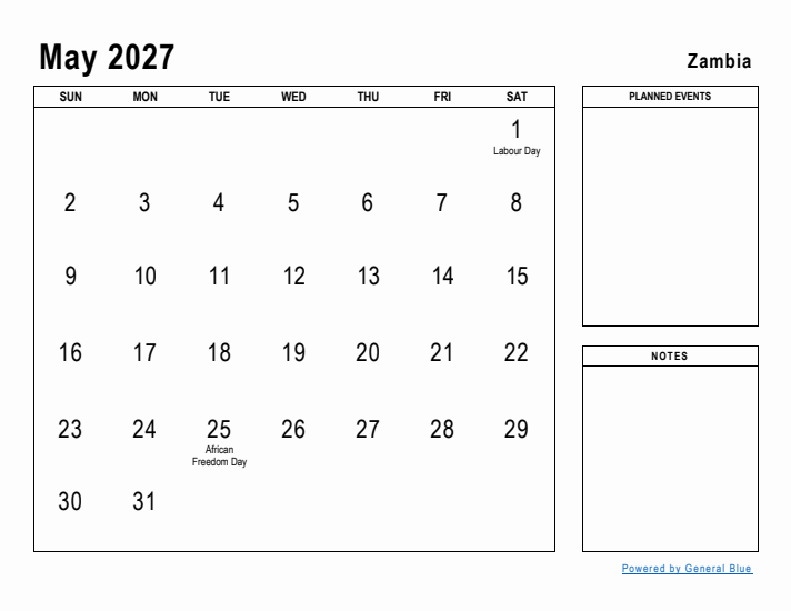 May 2027 Printable Monthly Calendar with Zambia Holidays