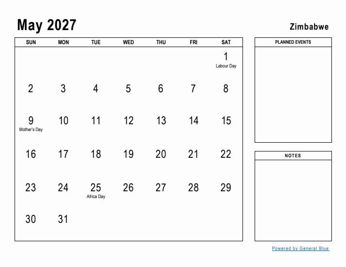 May 2027 Printable Monthly Calendar with Zimbabwe Holidays