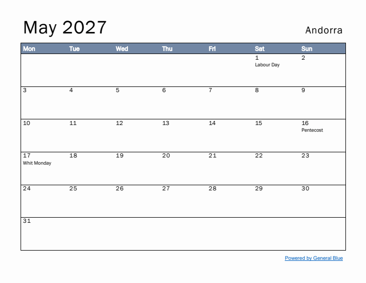 May 2027 Simple Monthly Calendar for Andorra