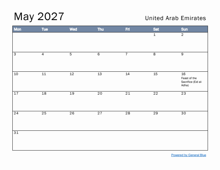 May 2027 Simple Monthly Calendar for United Arab Emirates