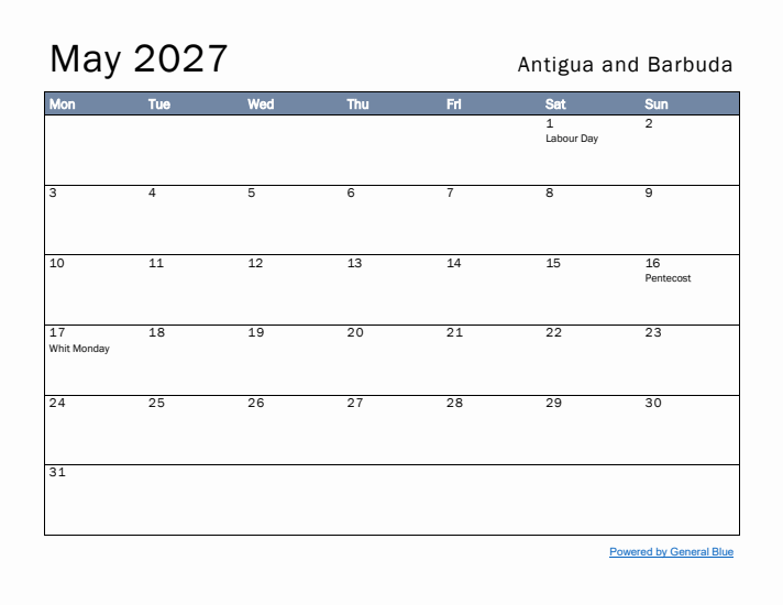 May 2027 Simple Monthly Calendar for Antigua and Barbuda