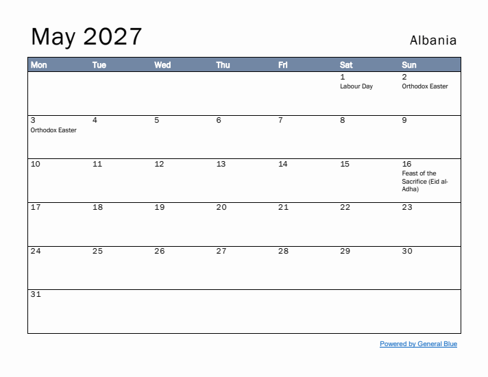 May 2027 Simple Monthly Calendar for Albania