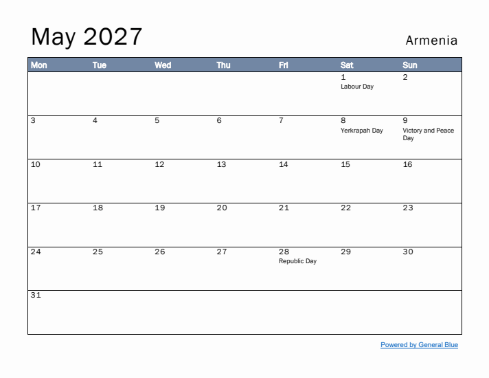 May 2027 Simple Monthly Calendar for Armenia