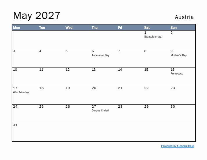 May 2027 Simple Monthly Calendar for Austria