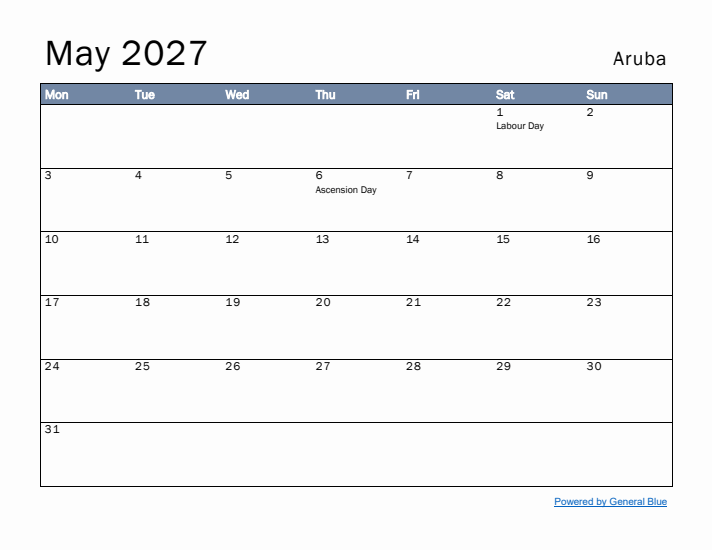 May 2027 Simple Monthly Calendar for Aruba