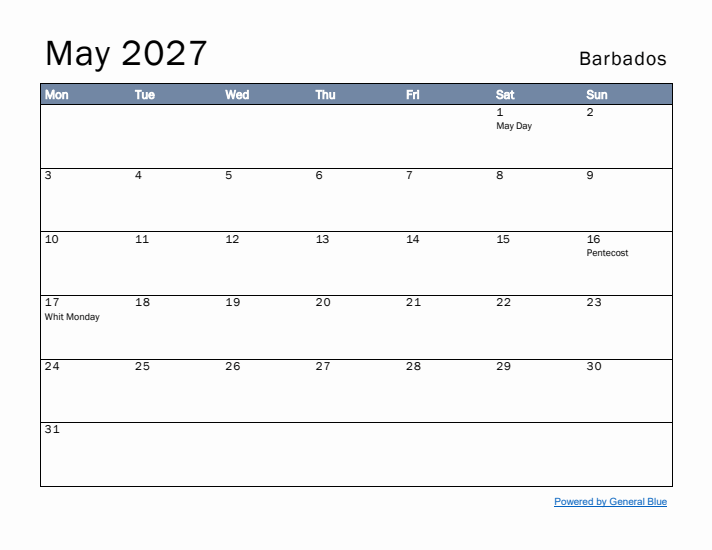 May 2027 Simple Monthly Calendar for Barbados