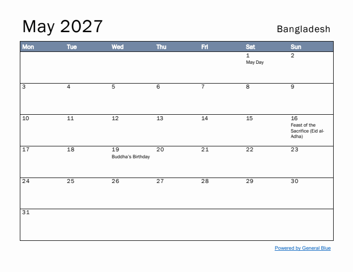 May 2027 Simple Monthly Calendar for Bangladesh