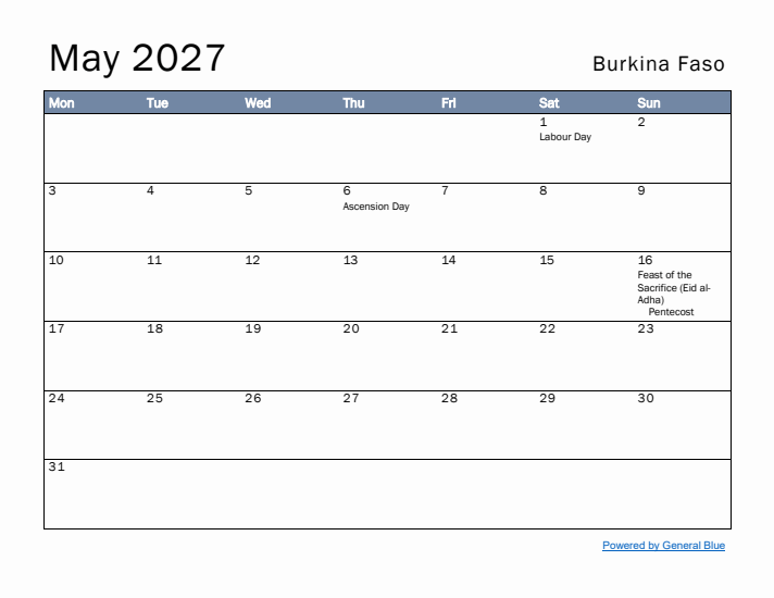 May 2027 Simple Monthly Calendar for Burkina Faso