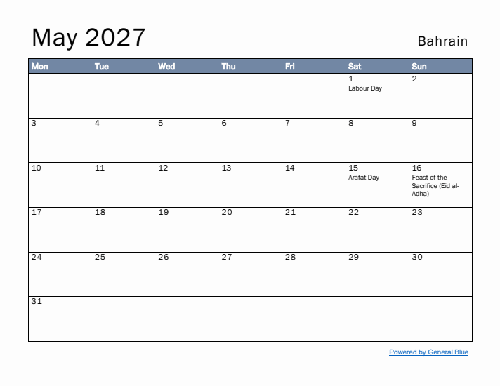 May 2027 Simple Monthly Calendar for Bahrain