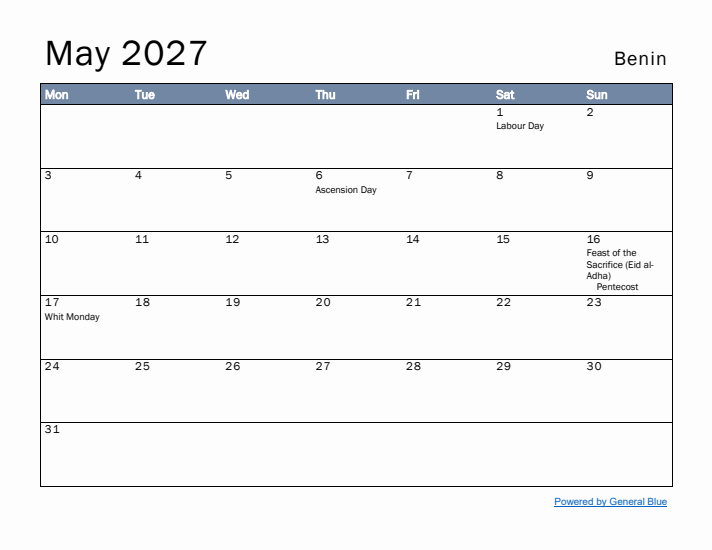 May 2027 Simple Monthly Calendar for Benin