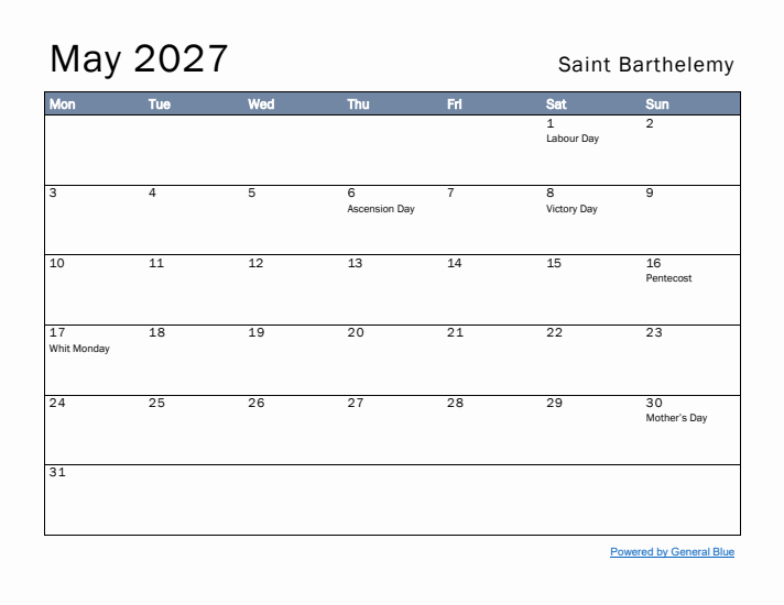 May 2027 Simple Monthly Calendar for Saint Barthelemy