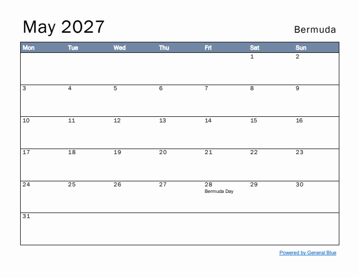 May 2027 Simple Monthly Calendar for Bermuda