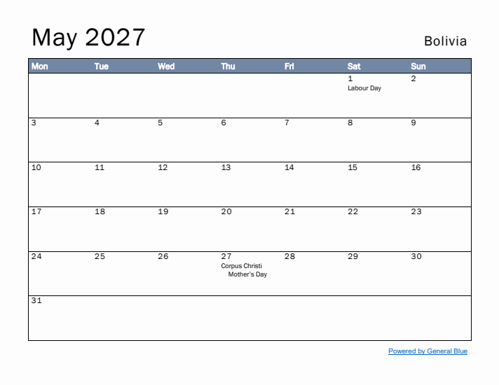 May 2027 Simple Monthly Calendar for Bolivia