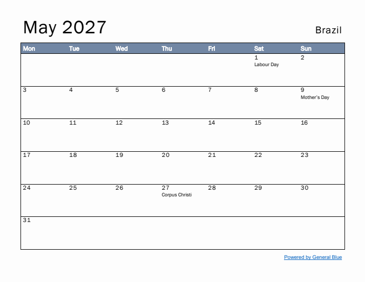 May 2027 Simple Monthly Calendar for Brazil