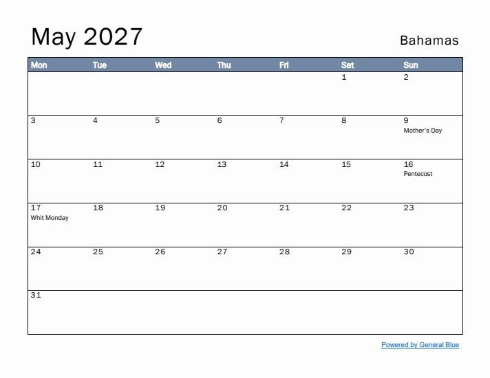 May 2027 Simple Monthly Calendar for Bahamas