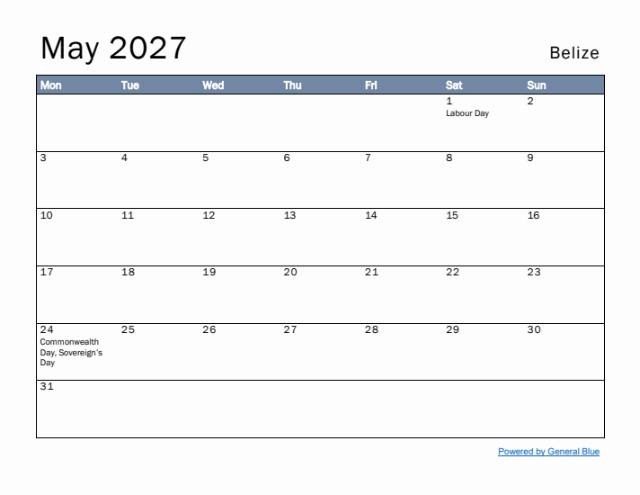 May 2027 Simple Monthly Calendar for Belize