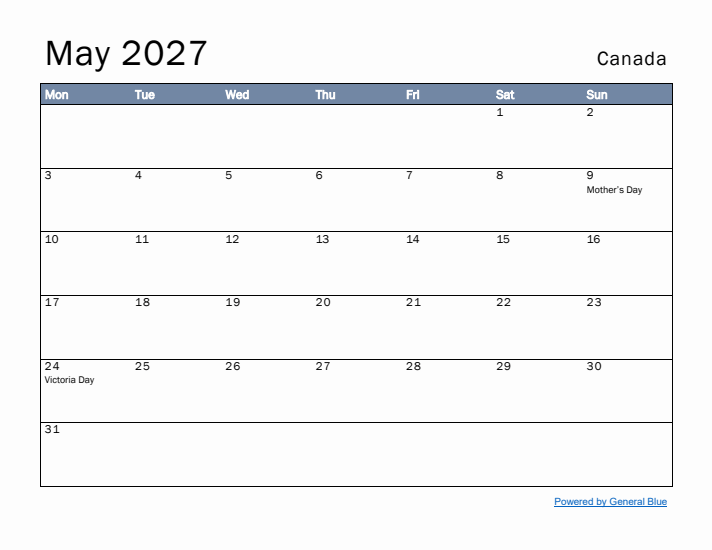 May 2027 Simple Monthly Calendar for Canada