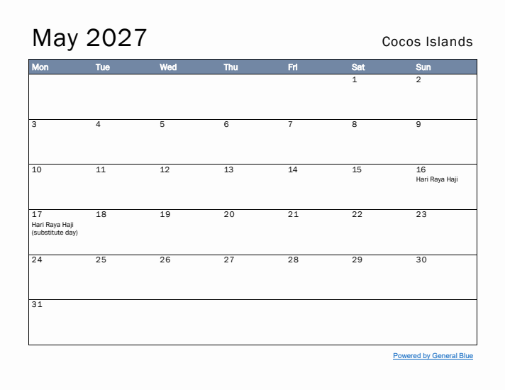 May 2027 Simple Monthly Calendar for Cocos Islands