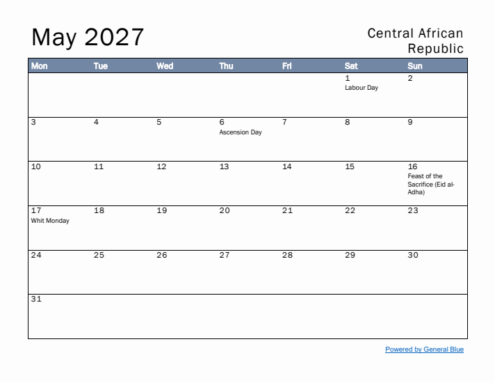 May 2027 Simple Monthly Calendar for Central African Republic