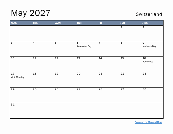 May 2027 Simple Monthly Calendar for Switzerland