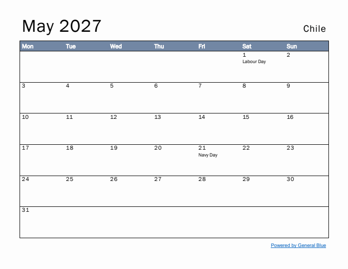 May 2027 Simple Monthly Calendar for Chile