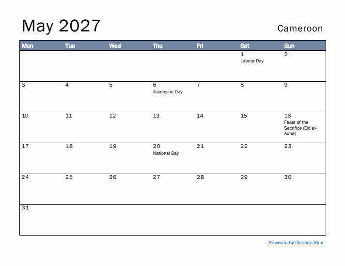 May 2027 Simple Monthly Calendar for Cameroon