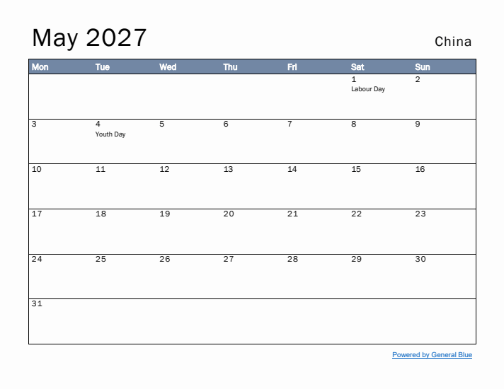 May 2027 Simple Monthly Calendar for China