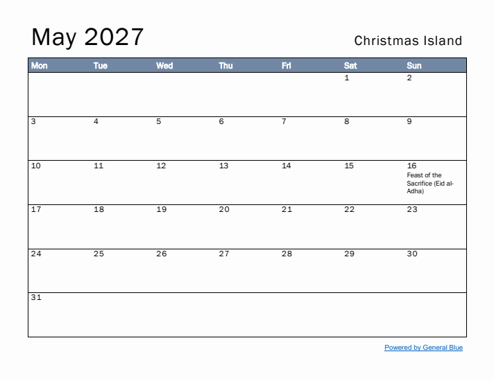 May 2027 Simple Monthly Calendar for Christmas Island