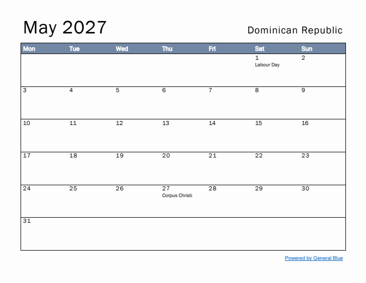 May 2027 Simple Monthly Calendar for Dominican Republic