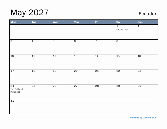 May 2027 Simple Monthly Calendar for Ecuador