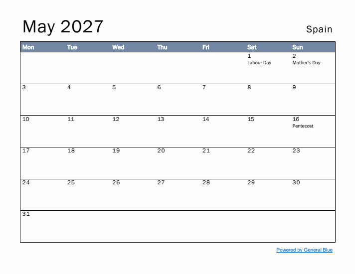 May 2027 Simple Monthly Calendar for Spain