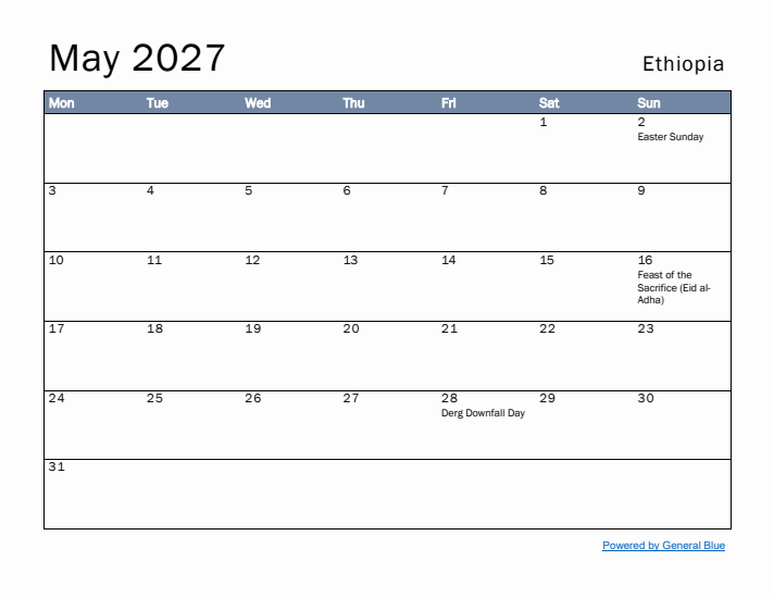 May 2027 Simple Monthly Calendar for Ethiopia