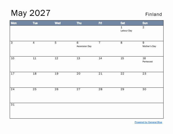 May 2027 Simple Monthly Calendar for Finland