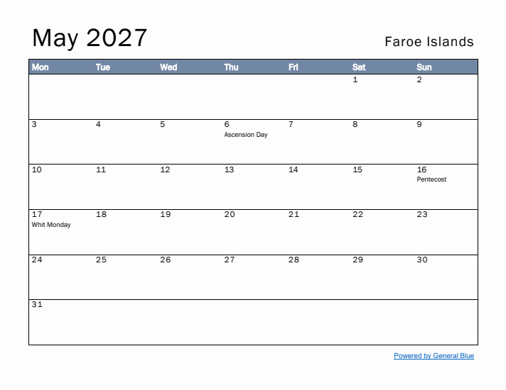 May 2027 Simple Monthly Calendar for Faroe Islands