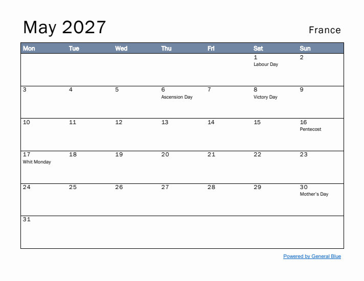 May 2027 Simple Monthly Calendar for France