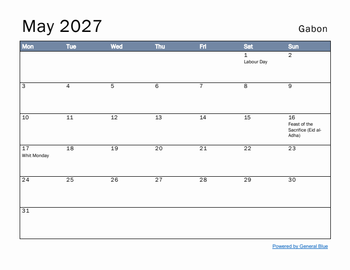 May 2027 Simple Monthly Calendar for Gabon