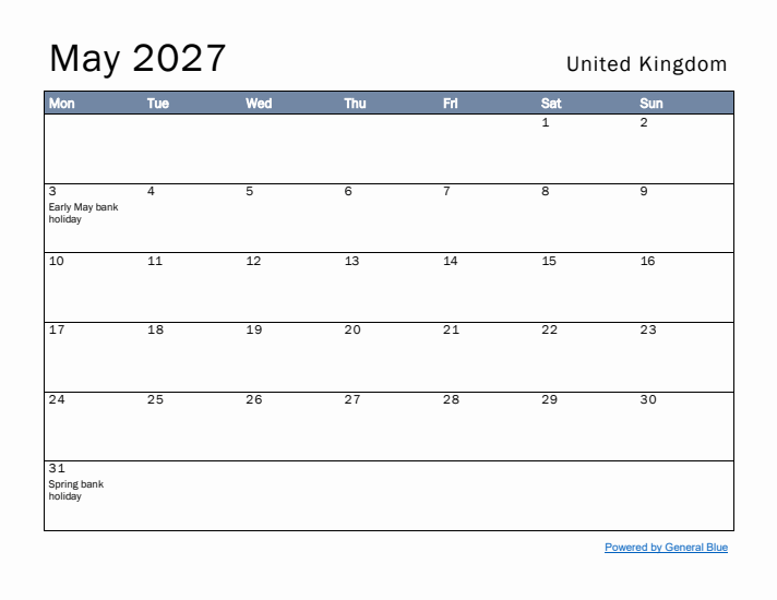 May 2027 Simple Monthly Calendar for United Kingdom